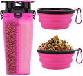 Dog Travel Water Bottle W/Collapsible Bowls - Portable 2 in 1 Leakproof Pet Water Bottle Food Container Ideal for Travel, Outdoor Portable Water Bowls for Walking, Camping & Hiking - (Pink)