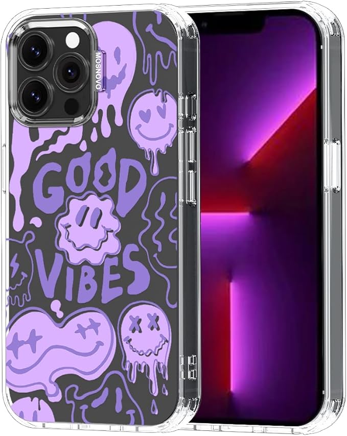 MOSNOVO Case for iPhone 13 Pro Max, [Buffertech 6.6ft Military-Grade Drop Protection] [Anti Peel Off Tech] Clear TPU Bumper Phone Case Cover Design - Good Vibes