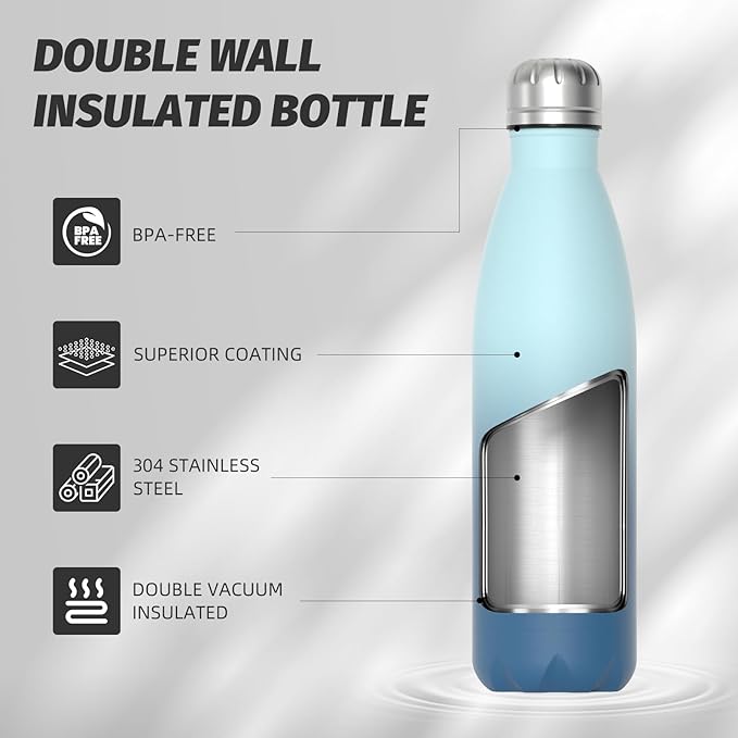 WATERSY Stainless Steel water bottles,17oz/500ml Insulated Water Bottles,Ocean Blue metal water bottle Keeps Drink Cold and Hot,BPA Free kids water bottles for School,Gym,Travel,Sports