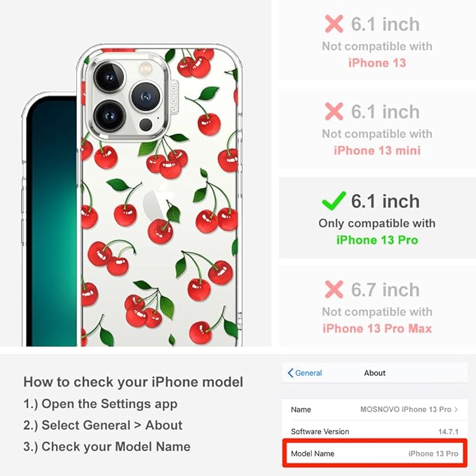 MOSNOVO Case for iPhone 13 Pro, [Buffertech 6.6ft Military-Grade Drop Protection] [Anti Peel Off Tech] Clear TPU Bumper Phone Case Cover Design - Cute Cherry