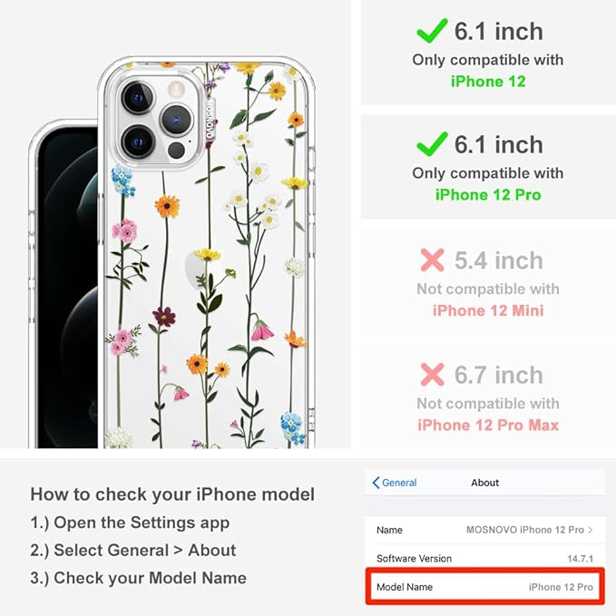 MOSNOVO Case for iPhone 12 & iPhone 12 Pro, [Buffertech 6.6ft Military-Grade Drop Protection] [Anti Peel Off Tech] Clear TPU Bumper Phone Case Cover Design - Wildflowers