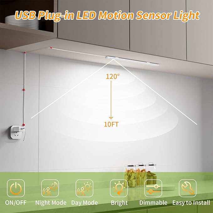 14" Slim USB Plug-in LED Motion Sensor Light Indoor, Bright & Dimmable Under Cabinet Light - 3 Modes (ON/Night/Day) for Kitchen, Cabinet, Closet - 3000K Warm White, 1 Pack (Standalone)