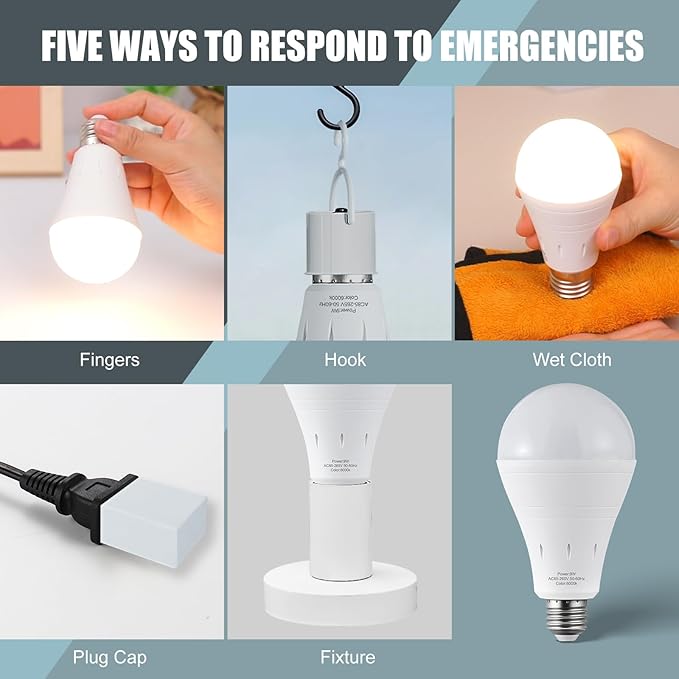 10Pack Rechargeable Emergency Light Bulb, A19 9W Daylight 6000K Self-Charging LED Light Bulb,1200mAh Battery Backup Light Bulbs for Daily,Home Emergency,Outdoor Portable Use