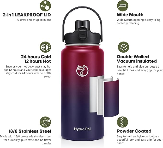 64oz Half Gallon Insulated Water Bottle with 2-in-1 Lid (Chug & Straw), Double Walled Vacuum Stainless Steel Water Bottles, Wide Mouth Leakproof Insulated Jug with Straw