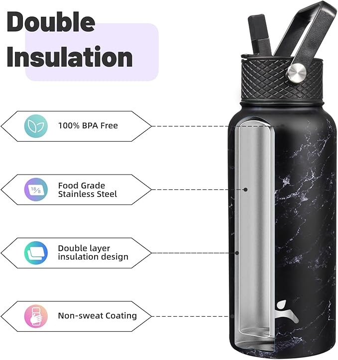 Konokyo 32 oz Insulated Water Bottle Stainless Steel Sport Bottles with 3 Lids,Marble Midnight