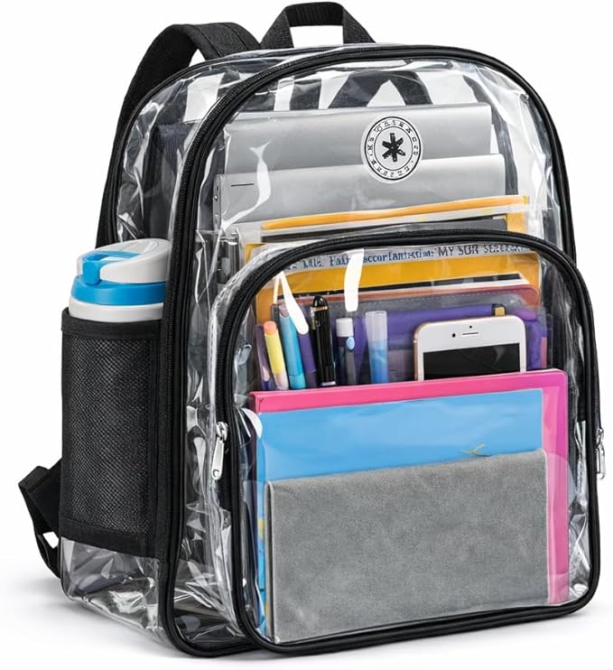 K-Cliffs Large Transparent Backpack Clear Heavy Duty School Bag Durable Student Bookbag See Through Vinyl Daypack Workbag