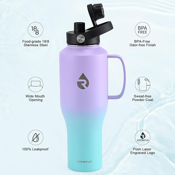 RAYMYLO Insulated Water Bottle 40oz (Cold for 48 Hrs), Stainless Steel Water Bottle with Handle & Straw Lid & Paracord Handle, Triple Wall Vacuum Leakproof Travel Flask, Fit in Any Car Cup Holder