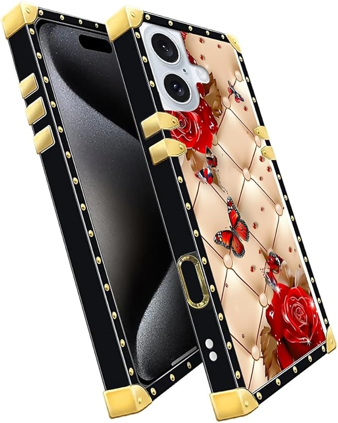 Compatible with iPhone 16 Plus Case, Shining Red Rose Butterfly Leather Background Luxury Golden Decoration for Girl Women Soft TPU Shockproof Protective Hard PC Back