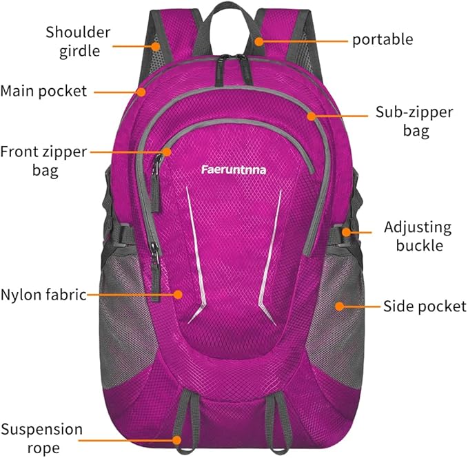 30L Large capacity Lightweight Packable Foldable Backpack，women and men Hiking backpack，Outdoors Travel Backpack (Rose Red)
