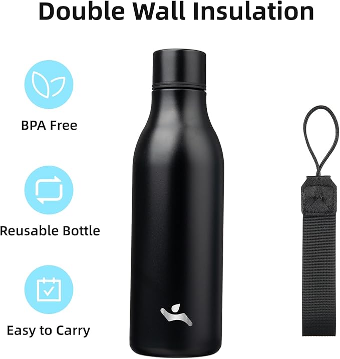 Konokyo Insulated Water Bottle with Strap,18 oz Double Wall Stainless Steel Vacuum Bottles Metal Water Flask,Black