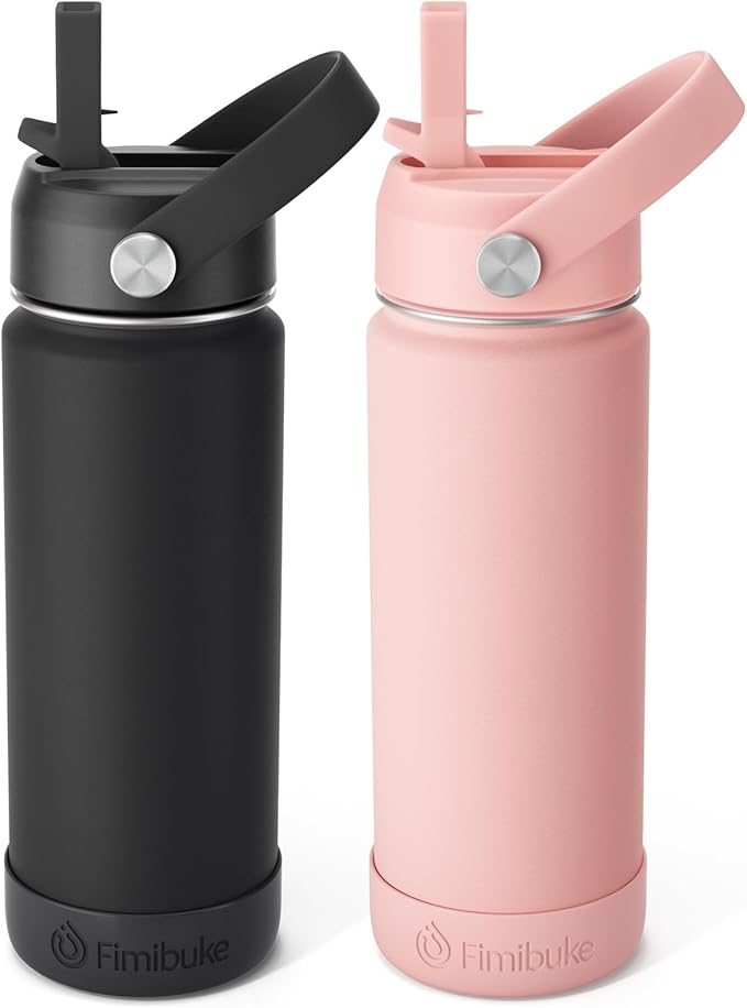 Fimibuke Kids Insulated Water Bottle, 18oz BPA FREE Kids Cups with Straw Double Wall Vacuum Tumbler 18/8 Stainless Steel Leak Proof Toddler Water Bottle for School Boys Girls (2 Pack, Midnight Rose)