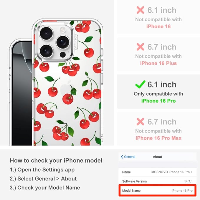 MOSNOVO Case for iPhone 16 Pro, [Buffertech 6.6ft Military-Grade Drop Protection] [Anti Peel Off Tech] Clear TPU Bumper Phone Case Cover Design - Cute Cherry