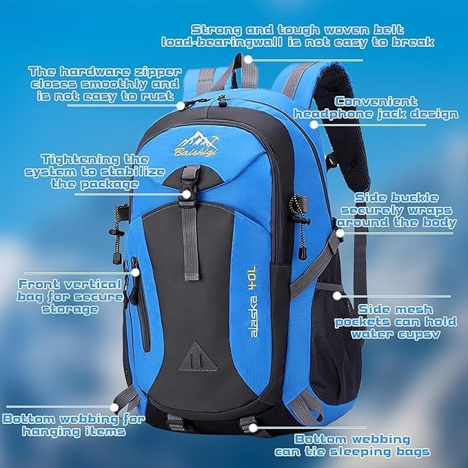 40L Hiking Backpack, Lightweight Daypack for Men Women, Polyester Rucksack, Breathable Backpack with Multi Pockets for Camping Walking Commuting Outdoor Short Trips-Blue