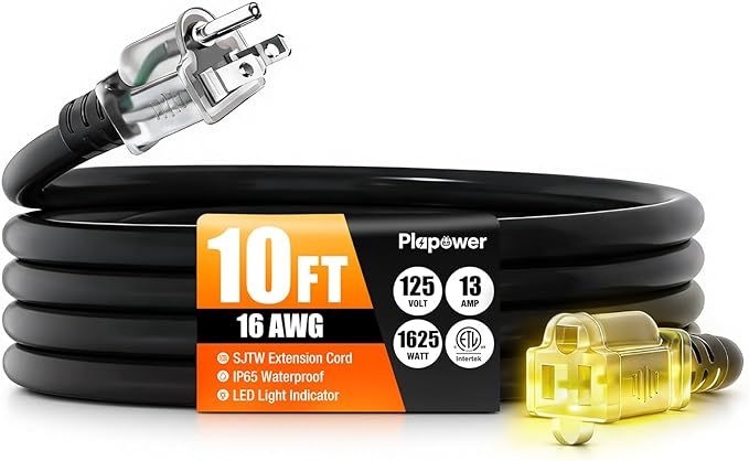 10 FT Outdoor Extension Cord Waterproof, 16/3 Gauge Heavy Duty 3 Prong Power Cord with Lighted Indicator End, 13A 125V 1625W SJTW, ETL Listed, Great for Lawn/Garden/Home(Black)