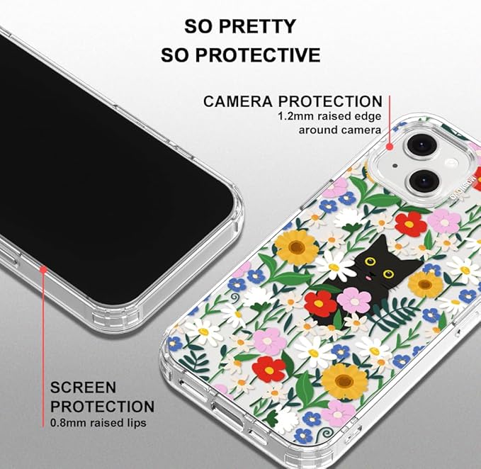 MOSNOVO for iPhone 13/14 Case | Military Grade 6.6ft Drop Tested | Clear with Black Cat in Garden Design