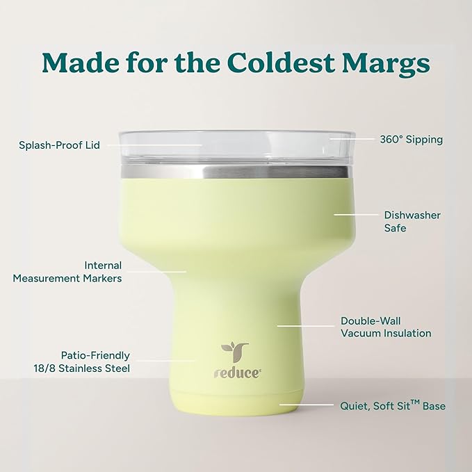 REDUCE Saltini 16 oz Cocktail Tumbler - Insulated Margarita Tumbler with Lid - Keeps Drinks Cold for 10 Hours - 360 Sippable Martini Glass Alternative - Shatterproof, Perfect for Parties - Lemon Luau