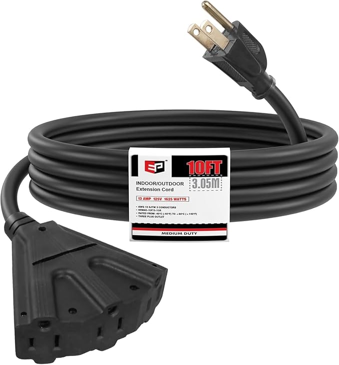 EP 10 Ft Outdoor Extension Cord with 3 Electrical Power Outlets - 16/3 SJTW Black Cable with 3 Prong Grounded Plug for Safety Great for Christmas Lights, Garden and Major Appliances