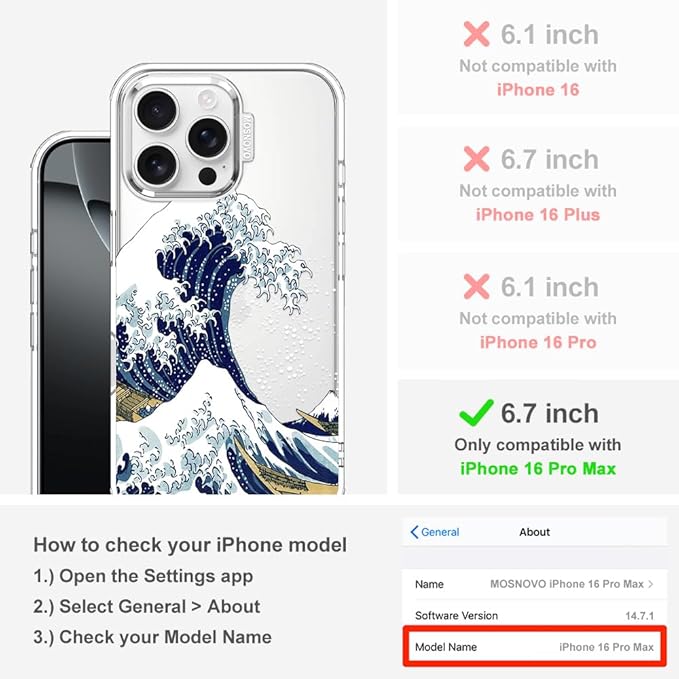 MOSNOVO Case for iPhone 16 Pro Max, [Buffertech 6.6ft Military-Grade Drop Protection] [Anti Peel Off Tech] Clear TPU Bumper Phone Case Cover Design - Great Wave