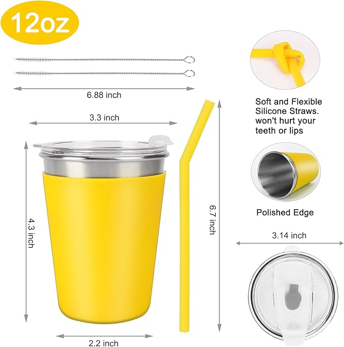 Yummy Sam 12oz Kids Stainless Steel Cups with Silicone Straws & Lids, Spill Proof Metal Tumblers for Adults, Unbreakable Toddle Cups with Full Wrapped Anti-Scald Sleeves for Hot and Cold Drinks.6Pack
