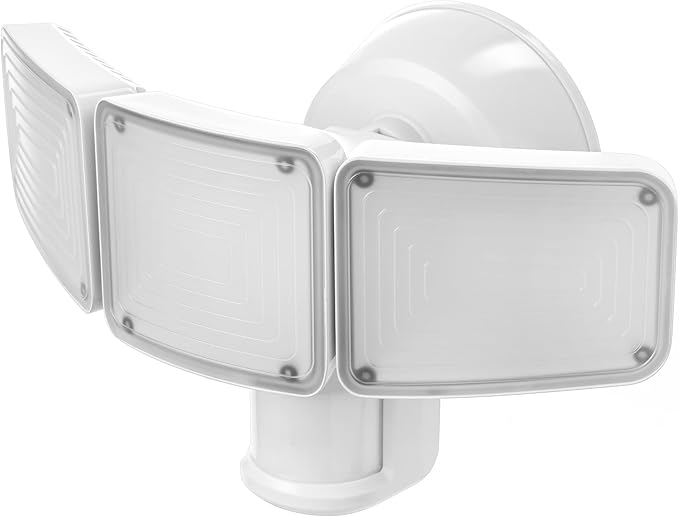 Home Zone Security 3500 Lumen LED Motion Sensor Light - Outdoor Weather Resistant Triple Head 5000K Security Light with Dusk to Dawn Mode and Easy Connect Back Panel, White