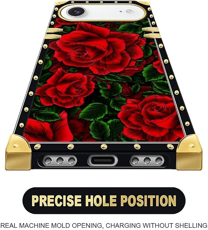 for iPhone 17 Air Case Luxury Golden Decoration for Girl Women Soft TPU Shockproof Protective Hard PC Back for iPhone 17 Air Crazy Pattern Vector Red Rose Green Leaf