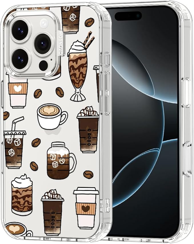 MOSNOVO Case for iPhone 16 Pro, [Buffertech 6.6ft Military-Grade Drop Protection] [Anti Peel Off Tech] Clear TPU Bumper Phone Case Cover Design - Coffee