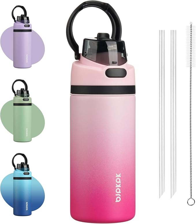 BJPKPK 17oz Insulated Water Bottle with 2-1 Straw Spout Lid, Stainless Steel Metal Water Bottles with Carry Handle, BPA Free, Leak-Proof, Fits in Car Cup Holder, Thermo for Sports,Cherry