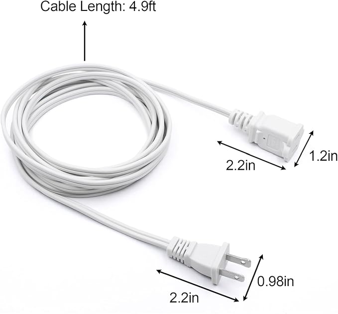 5 FT Extension Cord, White 2 Prong, 18 AWG Small Polarized Male-Female Power Cable for Indoor, NEMA 1-15P to NEMA 1-15R,Small Extension Cord