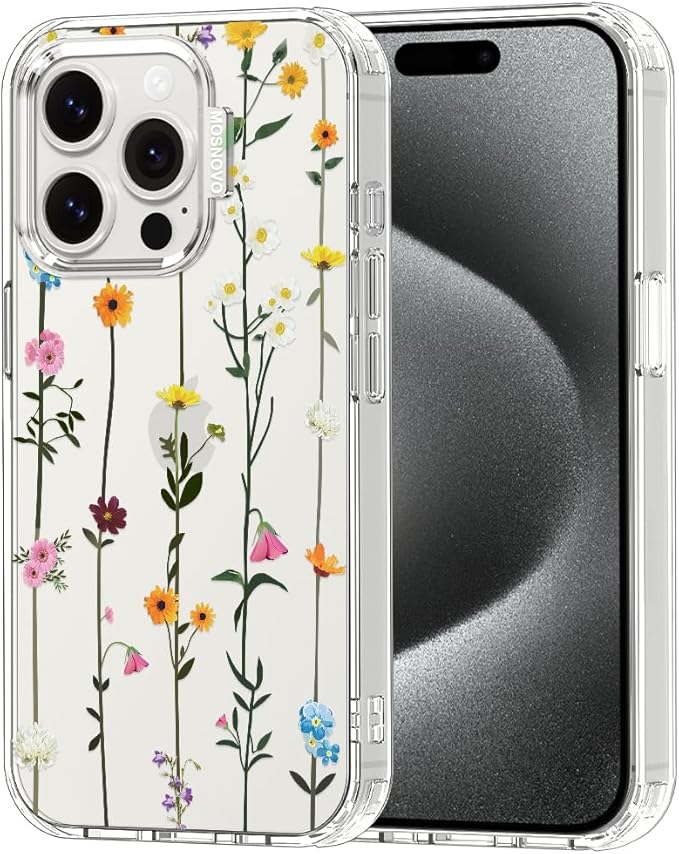 MOSNOVO Case for iPhone 15 Pro, [Buffertech 6.6ft Military-Grade Drop Protection] [Anti Peel Off Tech] Clear TPU Bumper Phone Case Cover Design - Wildflowers