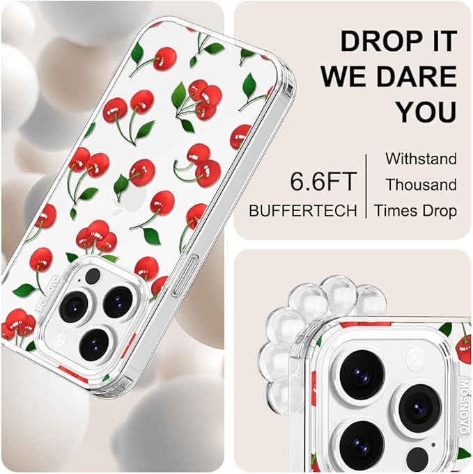 MOSNOVO Case for iPhone 14 Pro, [Buffertech 6.6ft Military-Grade Drop Protection] [Anti Peel Off Tech] Clear TPU Bumper Phone Case Cover Design - Cute Cherry