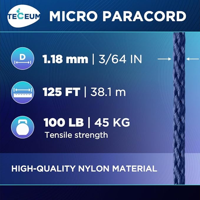 TECEUM Micro Paracord – 1.18 mm X 125 ft – Micro Utility Cord – Thin Braided Paracord Rope – Best for Crafting, DIY Projects, Fishing, Camping – Wind Chime Replacement – Survival Strong String