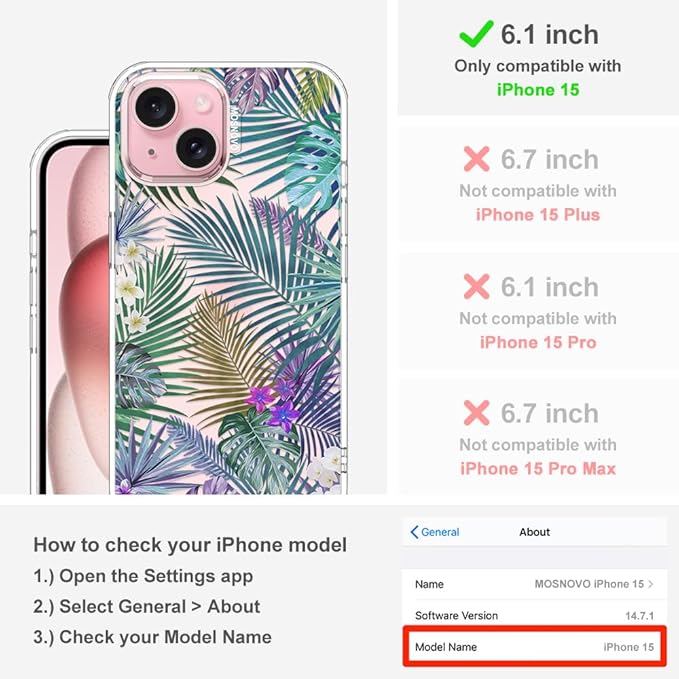 MOSNOVO Case for iPhone 15, [Buffertech 6.6ft Military-Grade Drop Protection] [Anti Peel Off Tech] Clear TPU Bumper Phone Case Cover Design - Tropical Rainforests