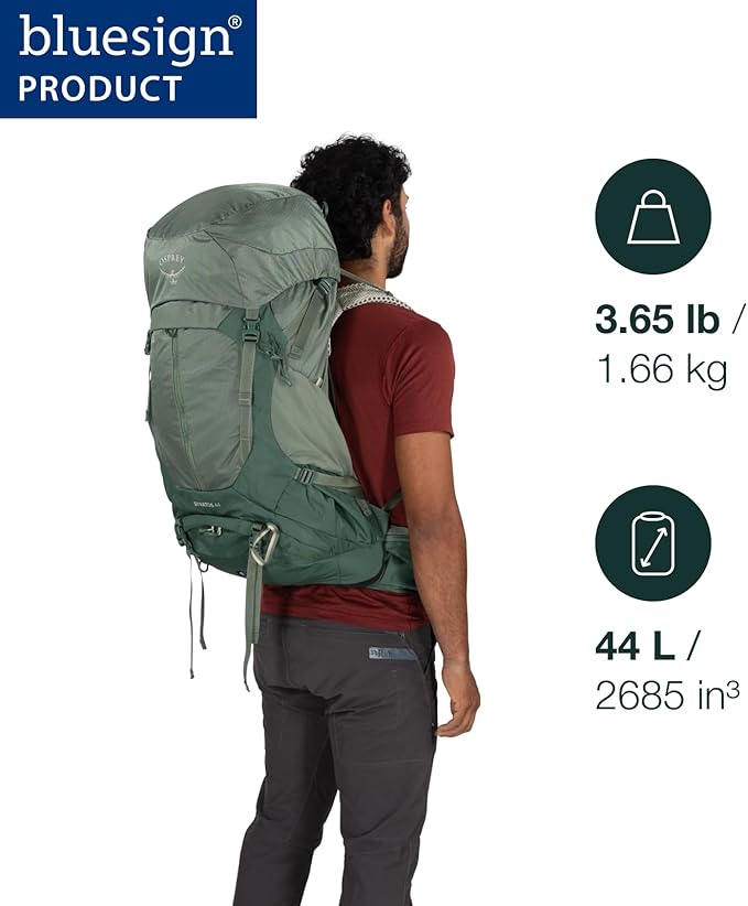 Osprey Stratos 44L Men's Hiking Backpack - Lightweight Backpacking Pack with Waterproof Raincover - Camping Bag, Pine Leaf
