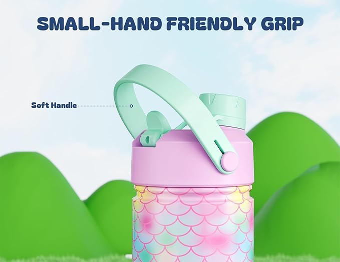 POWCAN 2 Pack 12 oz Kids Insulated Water Bottle for School: Leakproof, 2-in-1 Straw Spout Lid, BPA-Free, Keep Cold 24 Hrs, Stainless Steel Cup for Girls, Boys, Teens (Ocean Scales & Mermaid Friends)