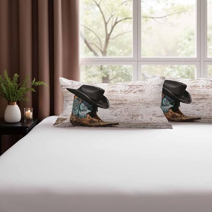 Western Cowboy Embroidered Boots Hat 12 X 20 Throw Pillow Covers Set of 2 American West Rodeo ATOP Fashion Leather Cushion Pillow Cases Outdoor Decorative Home Bed Sofa Couch Office