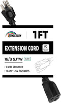 Extension Cord, UL Certified, 16 Gauge 1FT Black 3 Prong Heavy Duty, 16/3 SJTW 13A Power Cord for Lights, Appliances, Lawn