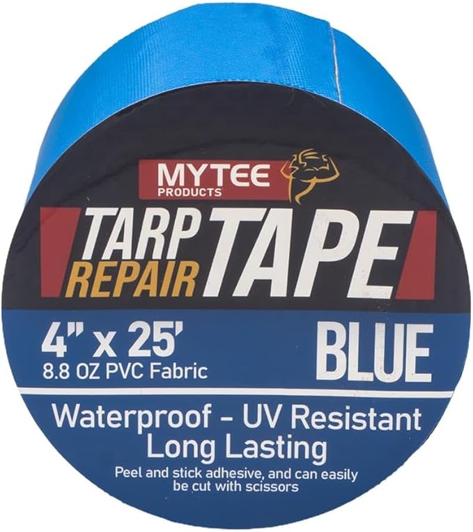 Mytee Products 4" x25' Blue Vinyl Tarp Repair Tape Kit – Heavy Duty 8.8oz Peel & Stick Waterproof Patch for Canvas, Tent, Awning, Boat Cover, RV & Truck Tarps, UV Resistant