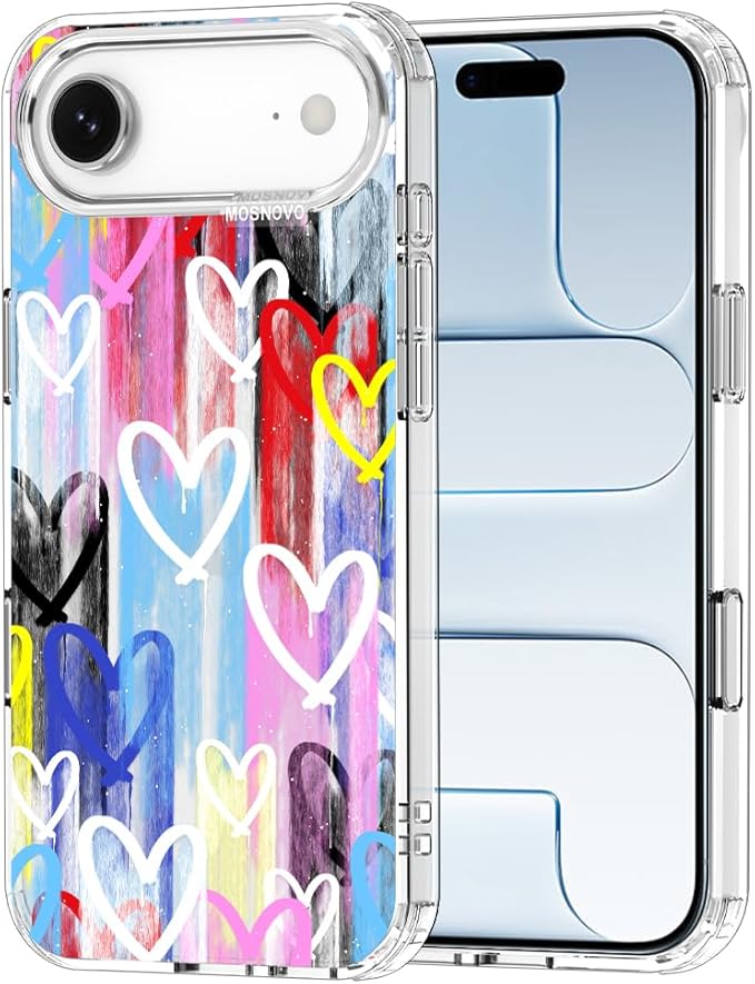 MOSNOVO for iPhone Air Case, Shockproof Military-Grade Protection 6.6ft Drop Tested, Camera Control, Clear Phone Case for iPhone 17 Air, Graffiti Hearts Design