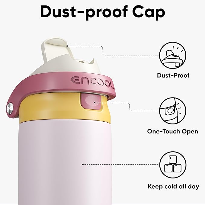 ENCOOL Leakproof Insulated Water Bottle with Straw Dual-Sip Water Bottle Bag-Safe Design for Work, Commute & Gym – Keeps Drinks Cold All Day, 24 oz, Blush Pink