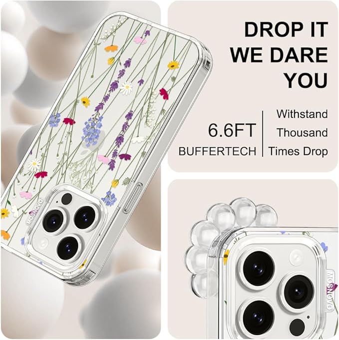 MOSNOVO Case for iPhone 15 Pro, [Buffertech 6.6ft Military-Grade Drop Protection] [Anti Peel Off Tech] Clear TPU Bumper Phone Case Cover Design - Floral Garden