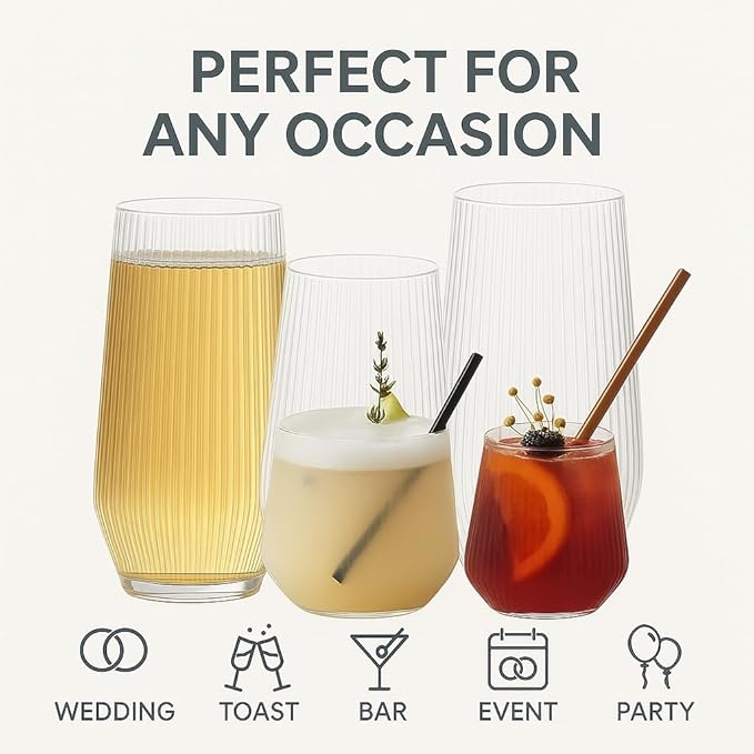Oojami 48 Pack Ribbed Origami Ripple Plastic Glasses, 24 Stemless 9oz Champagne Flutes & 24 12oz Cups - Reusable BPA-Free Shatterproof Disposable Drinkware for Wedding Party Bar (Clear)
