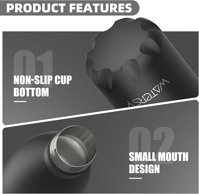 WATERSY Stainless Steel water bottles,17oz/500ml Insulated Water Bottles,Black metal water bottle Keeps Drink Cold and Hot,BPA Free kids water bottles for School,Gym,Travel,Sports
