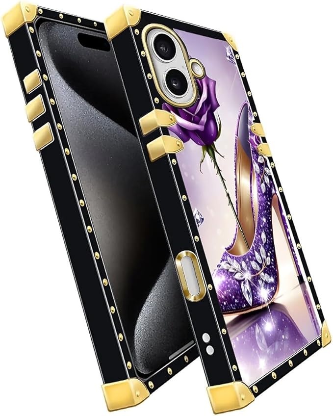for iPhone 17 Case Luxury Golden Decoration for Girl Women Soft TPU Shockproof Protective Hard PC Back for iPhone 17 Crazy Pattern High Heeled Purple Diamond Rose