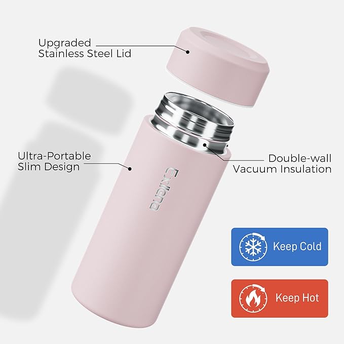 【Upgraded】Exllena Small Insulated Water Bottle 8 oz/250ml– Mini Insulated Water Bottle for Hot & Cold Drinks, Perfect Small Water Bottle for Travel, Purse...(Pink)