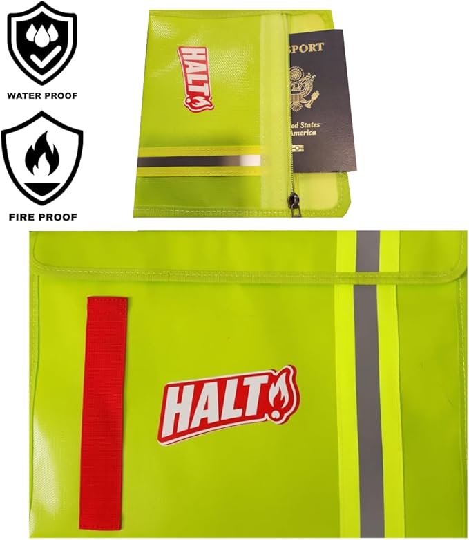 HALT! Home & Apartment Fire Defense Kit – Includes x2 10oz Fire Fighting Foam Sprays, Emergency Fire Blanket, Large Fireproof Document Bag, Small Waterproof Travel Fire Safety Bundle