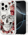 MOSNOVO Case for iPhone 16 Pro, [Buffertech 6.6ft Military-Grade Drop Protection] [Anti Peel Off Tech] Clear TPU Bumper Phone Case Cover Design - Red Flower Skull