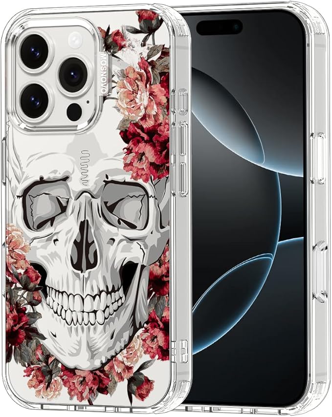 MOSNOVO Case for iPhone 16 Pro, [Buffertech 6.6ft Military-Grade Drop Protection] [Anti Peel Off Tech] Clear TPU Bumper Phone Case Cover Design - Red Flower Skull