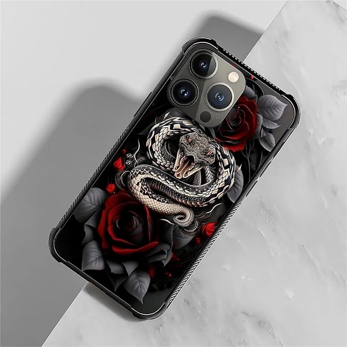 for iPhone 13 Pro Case, Entwined Rose Snake Pattern Graphic Design Girl Boy Soft Silicone Hard Acrylic Shock Protection for iPhone 13 Pro
