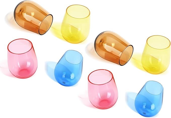 Lily's Home Set of 8 Shatter-Resistant Acrylic Stemless Wine Glasses - 14 oz for Poolside, Parties, Patio & Outdoor Indoor Use, BPA-Free Plastic Drinkware in Mixed Colors