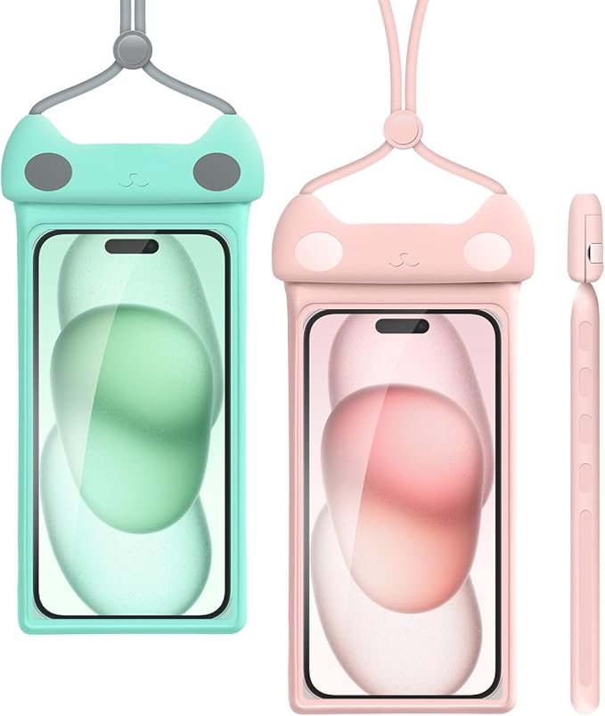 wellhouse Waterproof Phone Pouch, Waterproof Phone Case for iPhone17 16 15 14 Pro Max XS Samsung, IPX8 3D Cellphone Dry Bag Beach Essentials -2 Pack Meow Green & Pink 7.0
